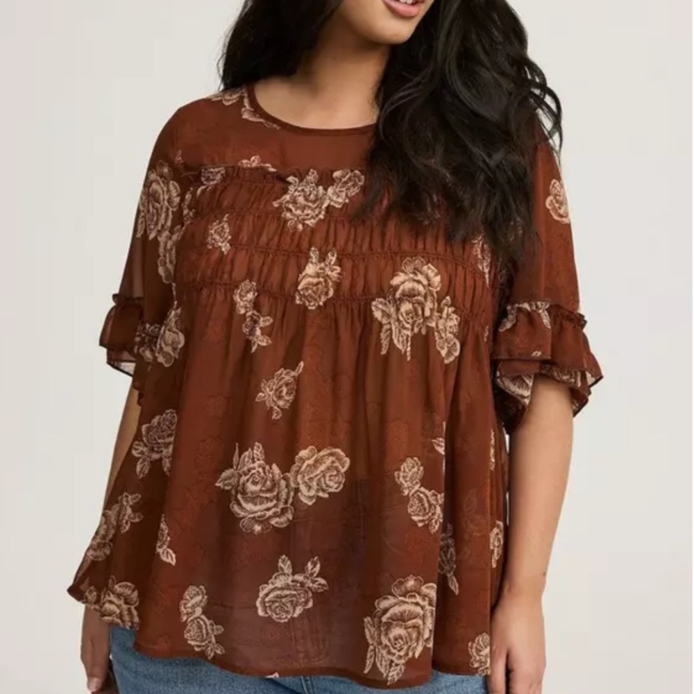 Torrid Blouson Smocked Top Brown Floral Chiffon Women’s Size 2X